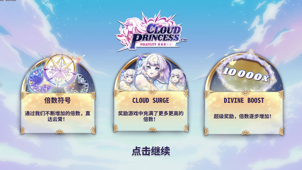 《雲公主》老虎機遊戲特色，包含倍數符號、Cloud Surge 獎勵模式與 Divine Boost 超級獎勵，最高可贏 10,000 倍。